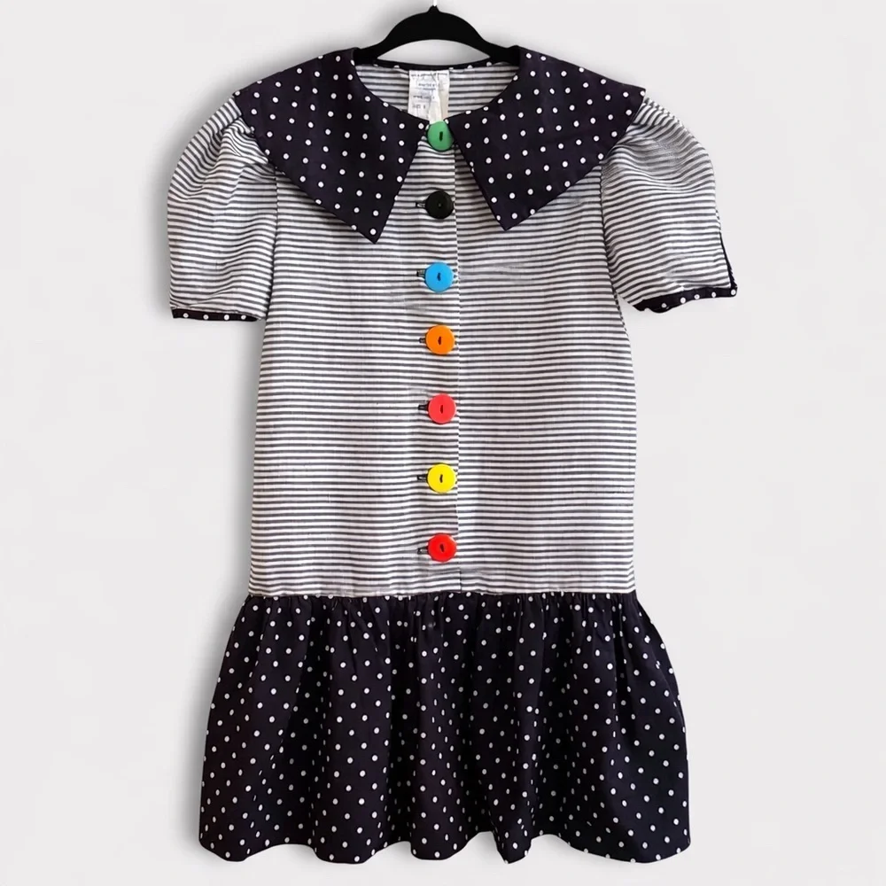 Vintage Youngland Girls Dress Sz 6 80s Polka Dot Collar Colorful Rainbow Buttons